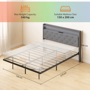 King Size Floating Bed Frame with LED Lights, Charging Ports and Storage Shelves, Grey Homcom