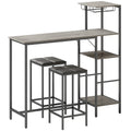 Breakfast Bar Table and Stools Set with Shelves and Wine Glass Rack for Small Spaces Washed Grey AOSOM