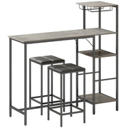 Breakfast Bar Table and Stools Set with Shelves and Wine Glass Rack for Small Spaces Washed Grey AOSOM