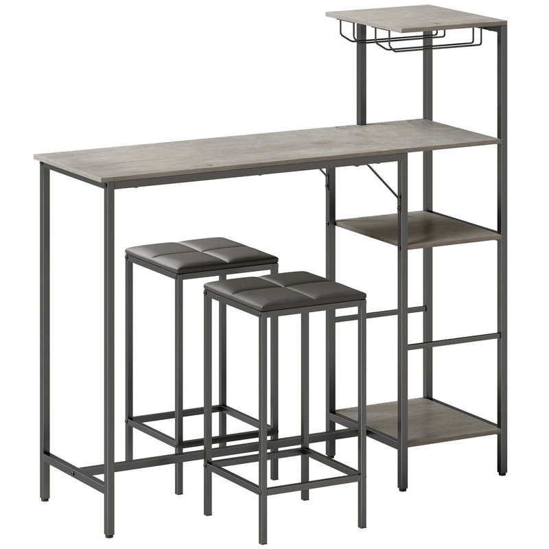 Breakfast Bar Table and Stools Set with Shelves and Wine Glass Rack for Small Spaces Washed Grey AOSOM