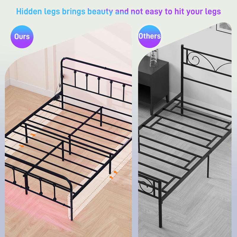 King Size Metal Bed Frame with LED Lights Charging Station and Under Bed Storage Black