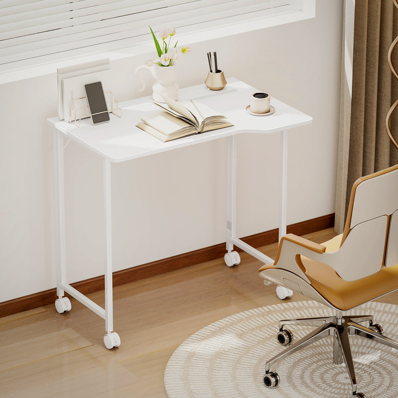 Compact Folding Desk on Wheels for Home Office or Study Space White Wood Effect AOSOM