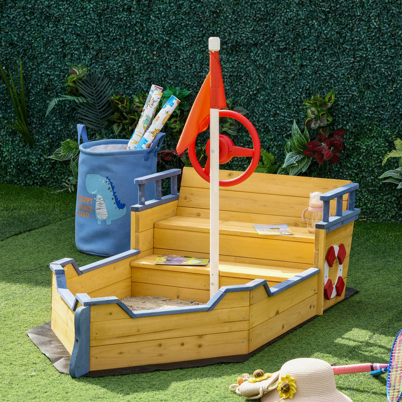 Wooden Pirate Ship Sandpit With Bench and Liner for Kids Outdoor Play, Brown
