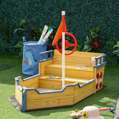 Wooden Pirate Ship Sandpit With Bench and Liner for Kids Outdoor Play, Brown