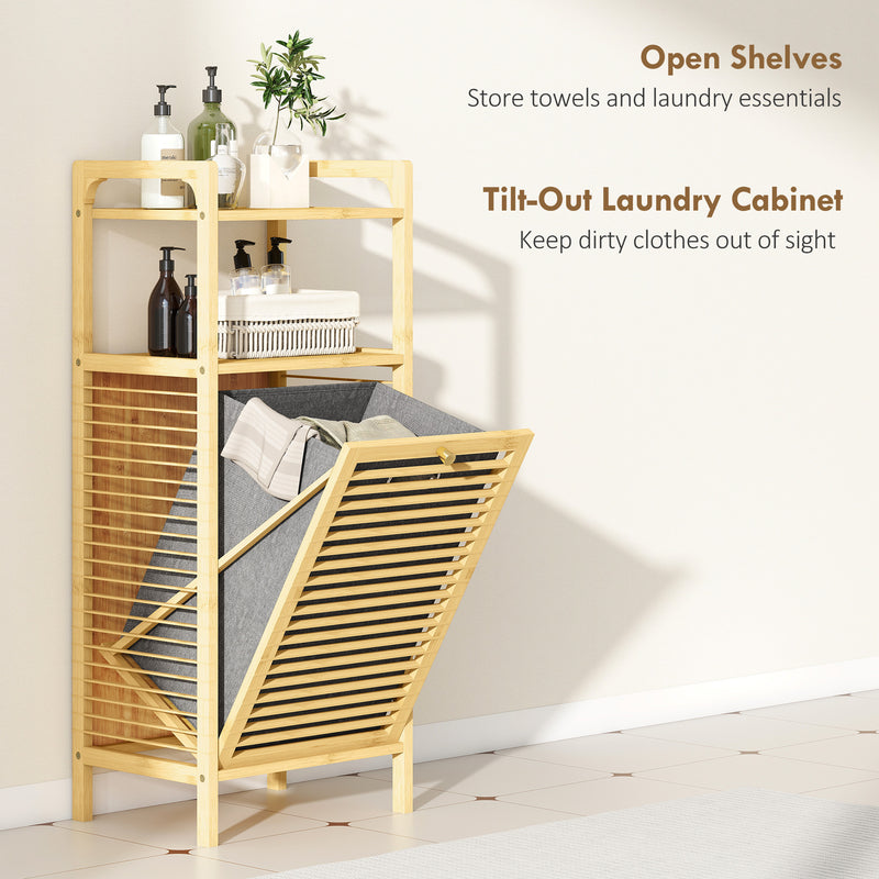 Bamboo Laundry Cabinet With Tilt Out Hamper Removable Liner Ideal For Bathrooms, Natural Wood
