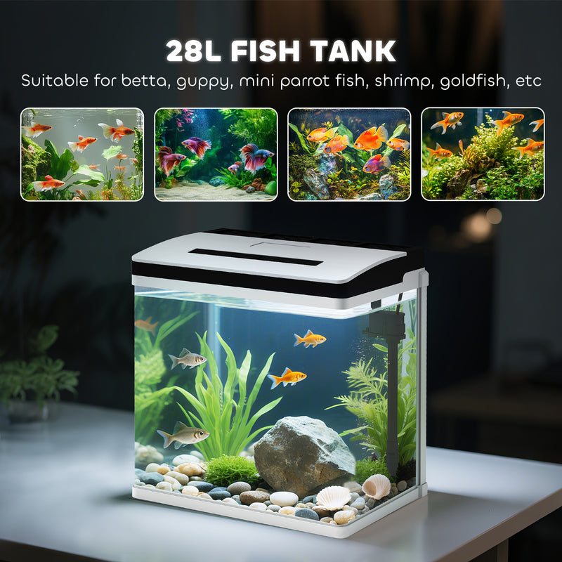 28L Glass Fish Tank with LED Light and Filter for Betta Shrimp and Guppies Black