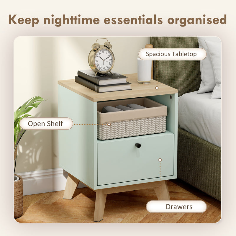 Set of 2 Bedside Tables with Drawer and Shelf for Organised Bedroom Storage Light Green Oak AOSOM
