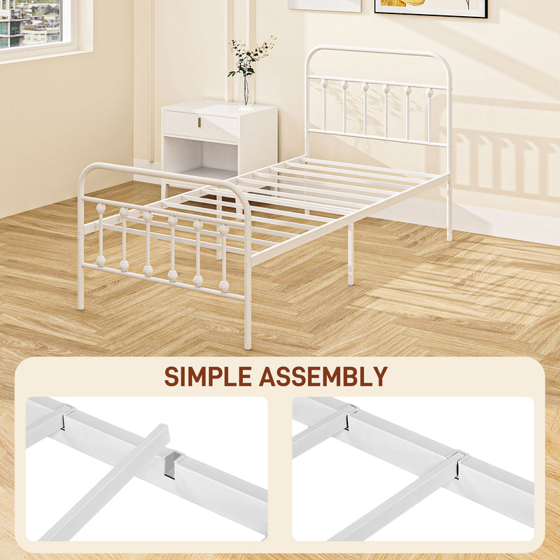 White Single Metal Bed Frame Minimalist Design Strong and Durable by HOMCOM