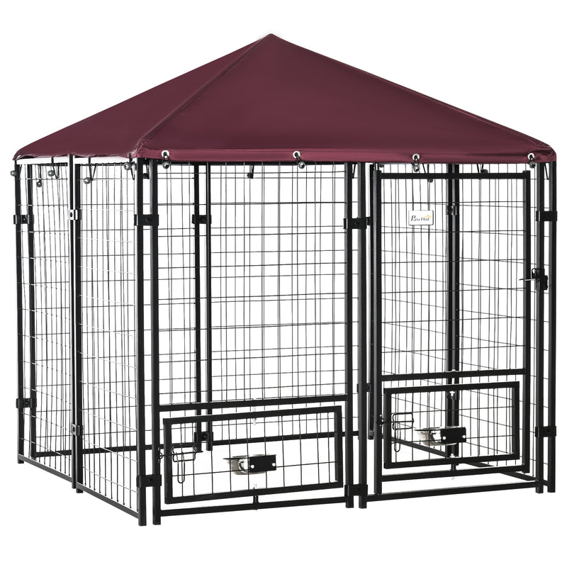 Outdoor Dog Kennel with Rotating Bowl Holders and UV Resistant Cover Red by PawHut