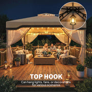 3x3.6m Metal Garden Gazebo with Mesh Sides for Shade and Insect Protection Double Roof, Khaki Outsunny