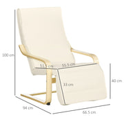 Reclining Wooden Lounging Chair with Adjustable Footrest and Cushion for Garden Comfort Cream White