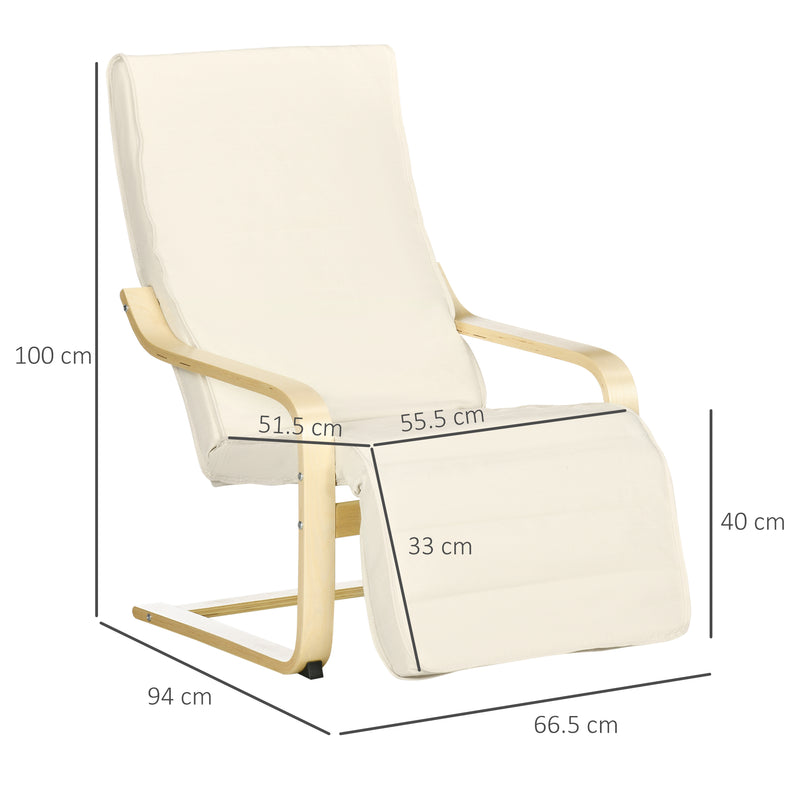 Reclining Wooden Lounging Chair with Adjustable Footrest and Cushion for Garden Comfort Cream White