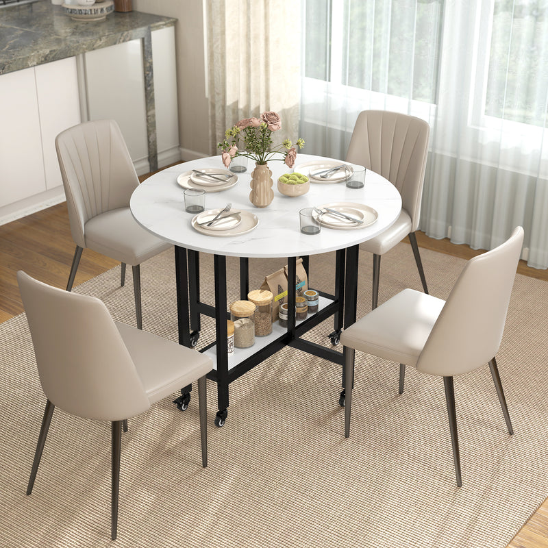 Folding Dining Table with Storage Shelf and Wheels for Small Spaces White Marble Homcom