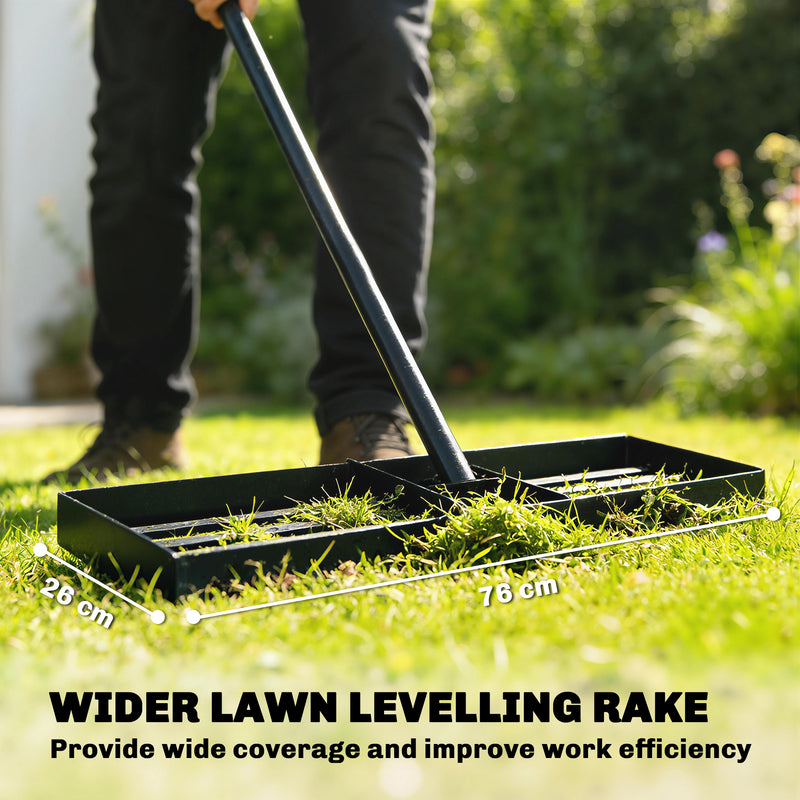 Lawn Levelling Rake for Smoothing Grass and Soil with Wide Head and Adjustable Handle Green