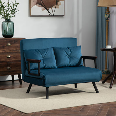 4 in 1 Velvet Touch Double Sofa Bed With Cushions Converts to Lounger or Recliner Blue