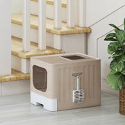 Foldable Cat Litter Box with Lid and Pull Out Drawer for Easy Cleaning Khaki AOSOM