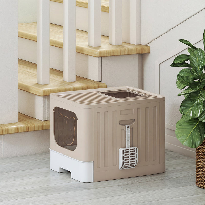 Foldable Cat Litter Box with Lid and Pull Out Drawer for Easy Cleaning Khaki AOSOM