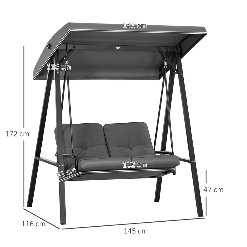 Dark Grey 2 Seater Garden Swing Bench With Adjustable Canopy For Shaded Relaxation