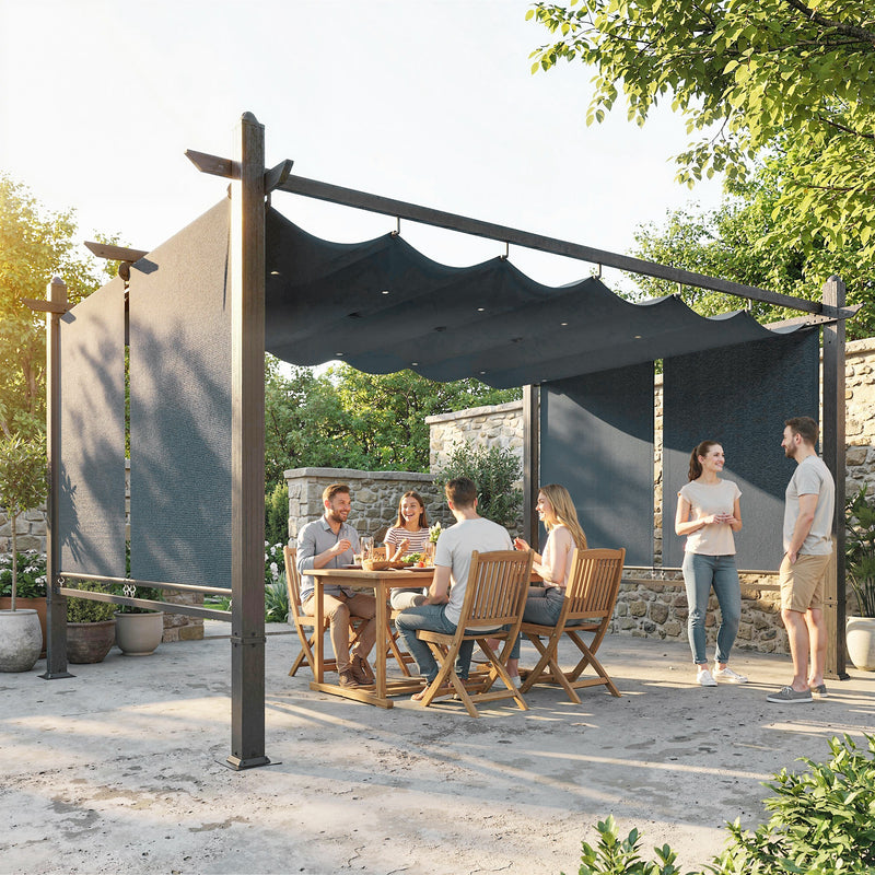 Retractable Garden Pergola with Adjustable Roof and Privacy Sides for Year Round Shelter Dark Grey