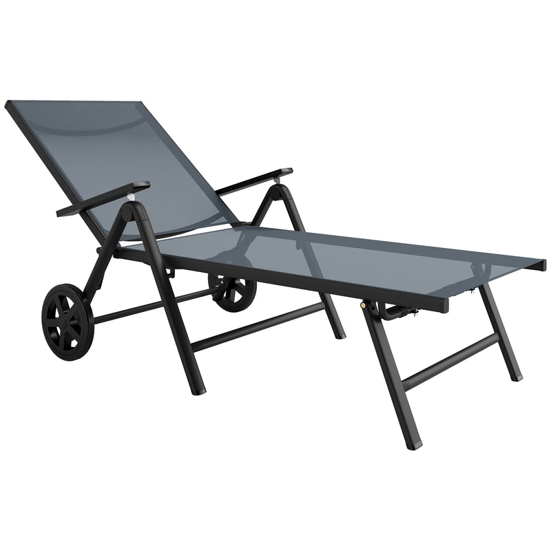 Grey Folding Sun Lounger with Wheels 5 Position Adjustable Reclining Garden Chair by Outsunny