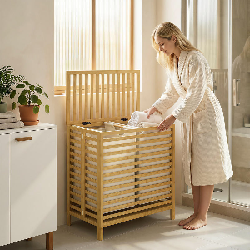 Double Laundry Basket With Removable Bags and Top Shelf for Easy Sorting Natural Bamboo Cream
