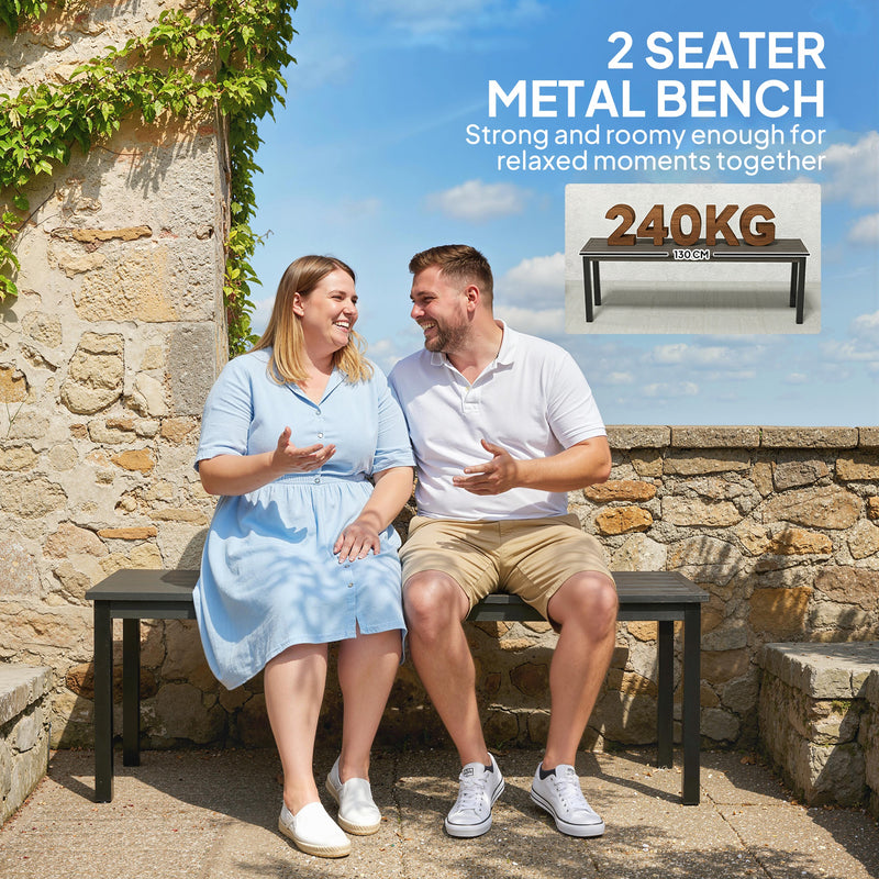 Garden Bench for Two with Durable Wood Effect Seat and Steel Frame Grey Black Outsunny