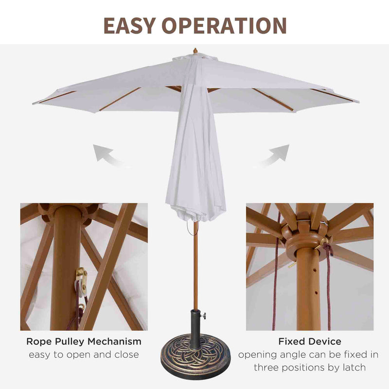 3m Wooden Garden Parasol with Pulley Mechanism and Base for Patio or Market Use White AOSOM
