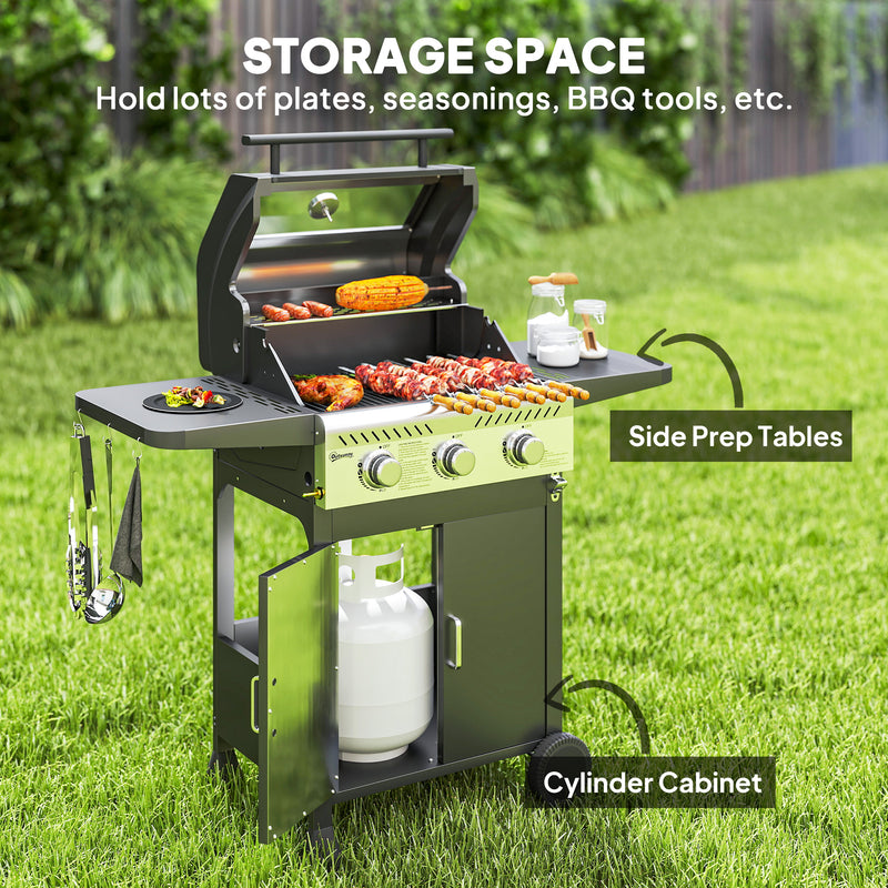 Black 7.5kW Three Burner Gas BBQ Grill With See Through Lid by Outsunny