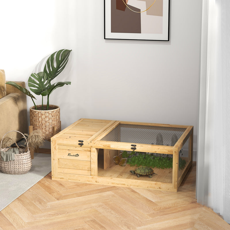 Wooden Tortoise and Reptile House with Mesh Roof Ideal for Outdoor Use, Natural Finish