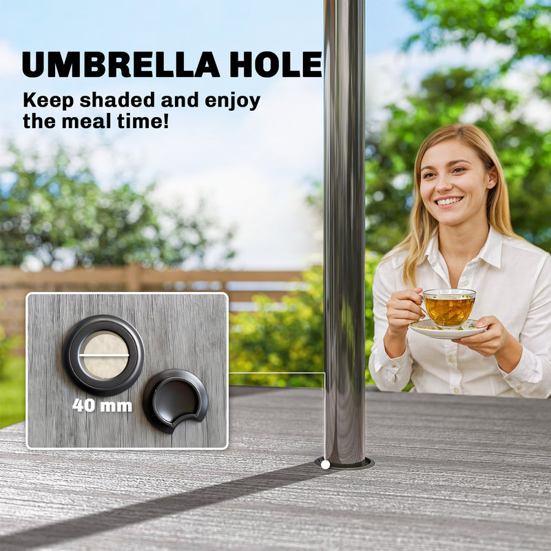 Garden Dining Table for 4 with Parasol Hole Weather Resistant Wood Effect Top Light Grey