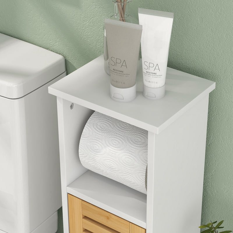 White Bathroom Storage Cabinet With Toilet Roll Holder Ideal For Compact Spaces