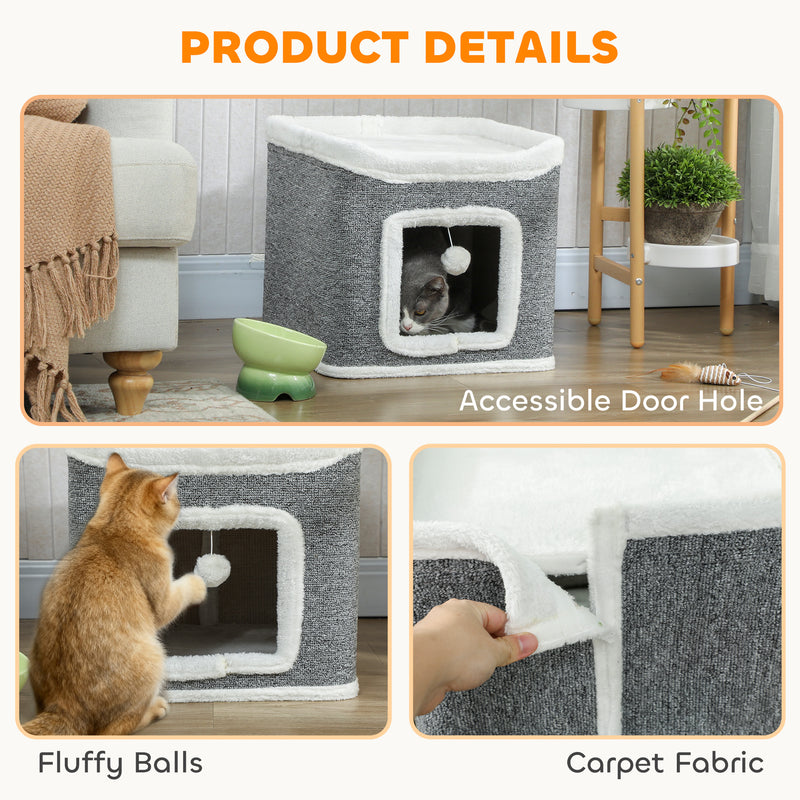 2 Level Indoor Cat House with Top Bed and Hanging Toys Ideal for Multiple Kittens Grey AOSOM