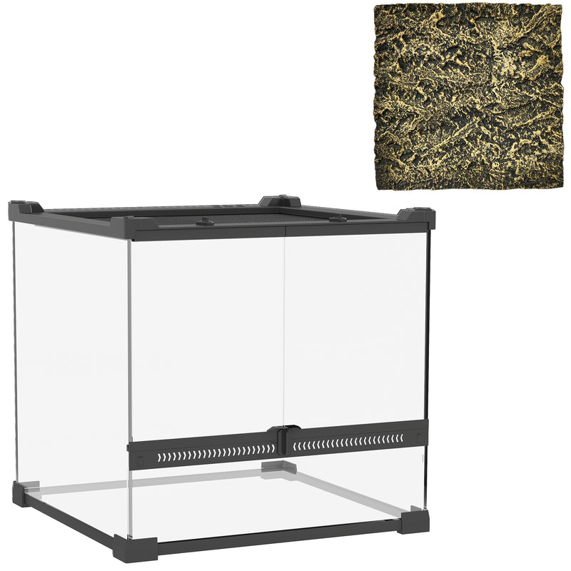 Reptile Glass Terrarium with Lock Front Ventilation and Stone Background 30cm Black