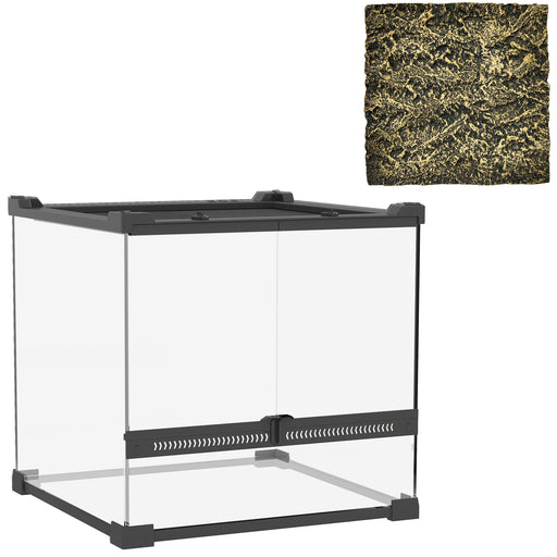 Reptile Glass Terrarium with Lock Front Ventilation and Stone Background 30cm Black