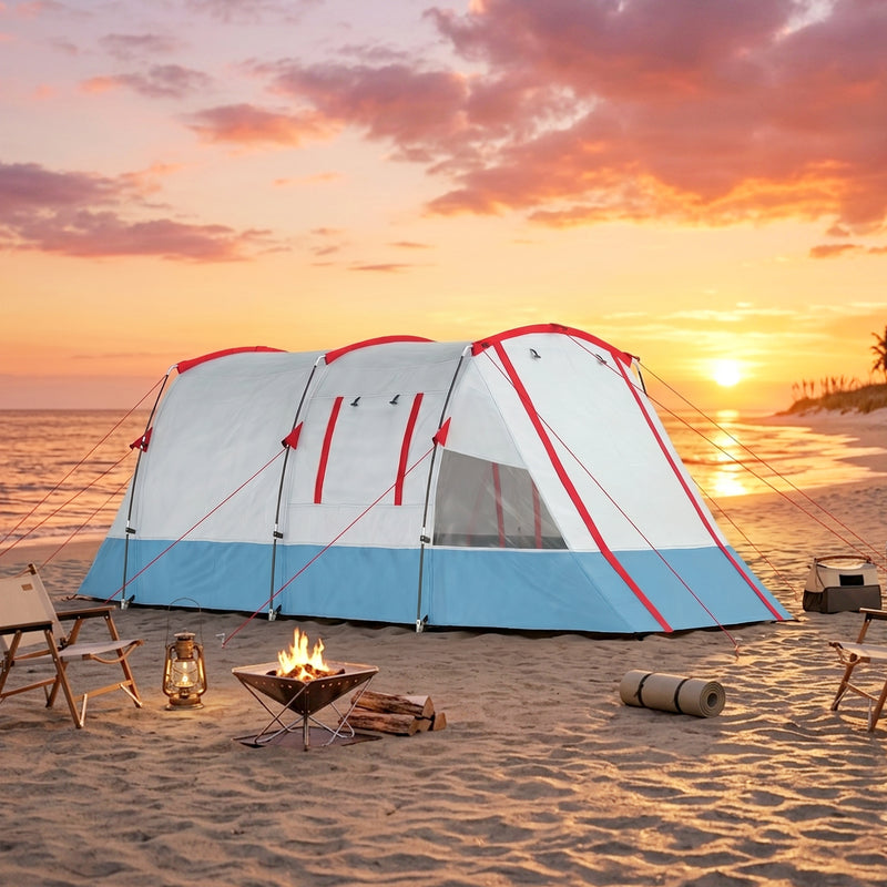 Outsunny 6-8 Person Tunnel Tent, Camping Tent with Bedroom, Living Room, Sewn-in Floor, 3 Doors and Carry Bag, 2000mm Water Column for Fishing, Hiking, Sports, and Traveling, Blue