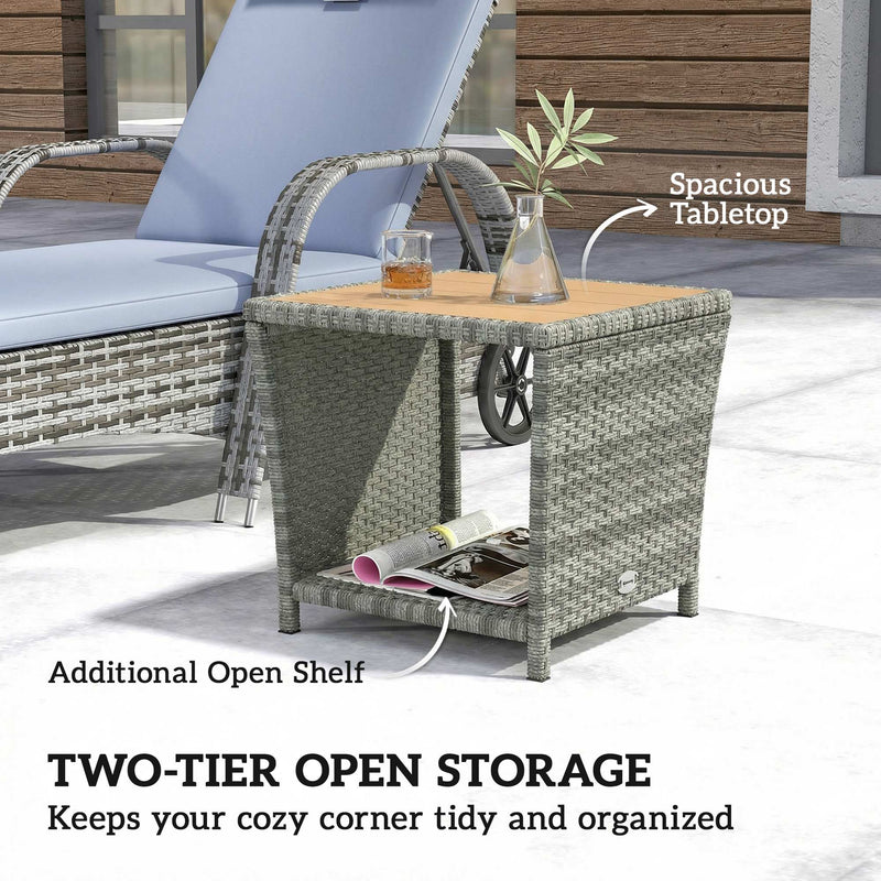 Side Table For Patio with 2-Tier Storage PE Rattan - 45W x 45D x 43H cm Outsunny
