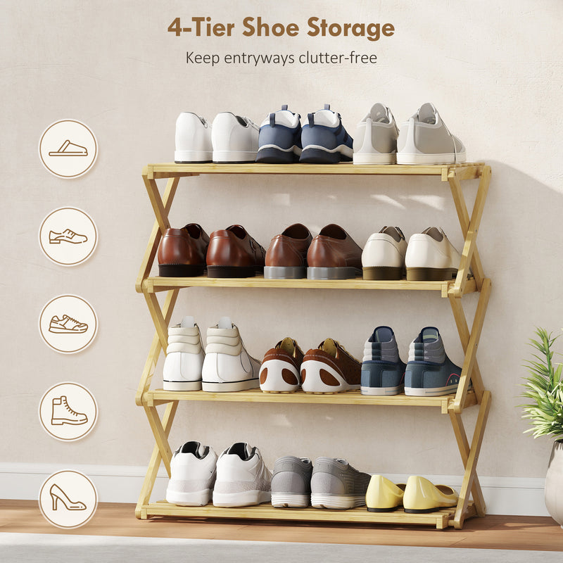 4 Tier Bamboo Shoe Rack Freestanding Storage Shelf No Assembly Required Natural AOSOM