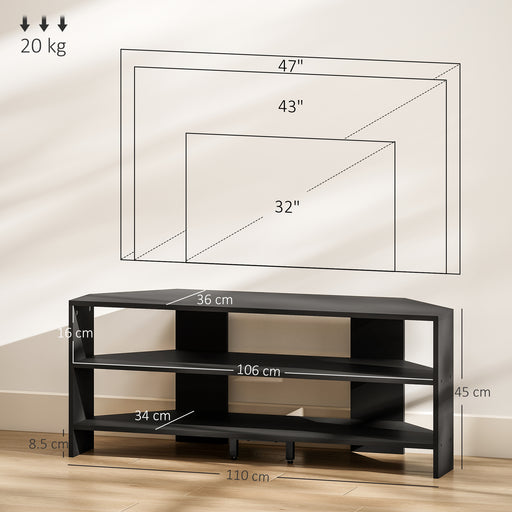 Black Corner TV Stand For 47 Inch TV With 2 Open Shelves Ideal For Space Saving