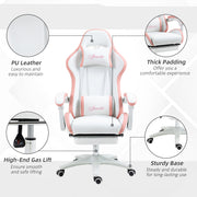 White and Pink Gaming Chair for Adults with Footrest Lumbar Support and Reclining Back