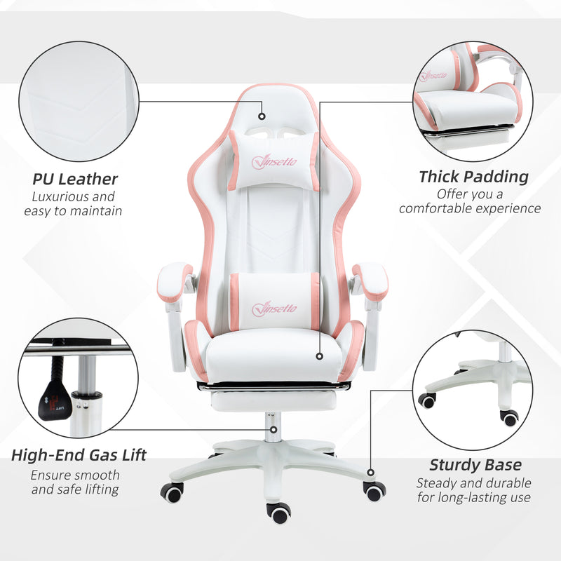 White and Pink Gaming Chair for Adults with Footrest Lumbar Support and Reclining Back