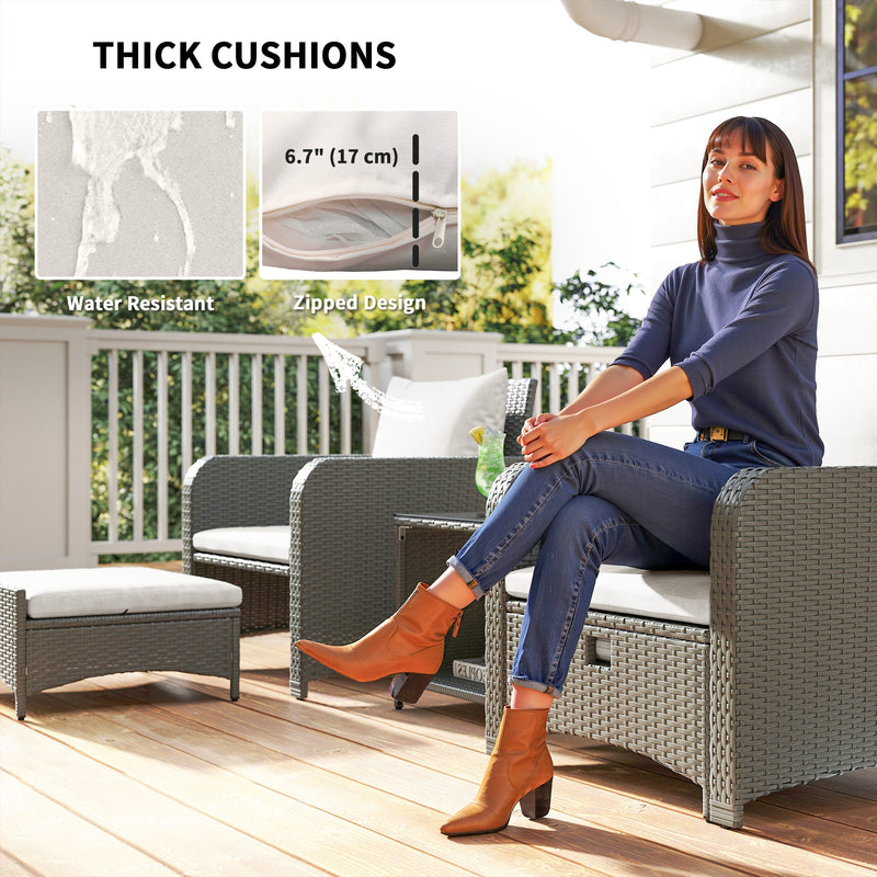 Five Piece Rattan Garden Furniture Set with Coffee Table and Ottomans in Cream White by Outsunny