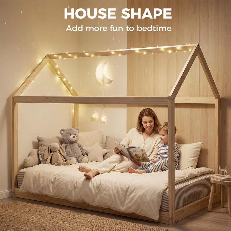 Kids Wooden House Bed Frame for Cosy and Fun Bedtime Single Size Natural Wood Finish
