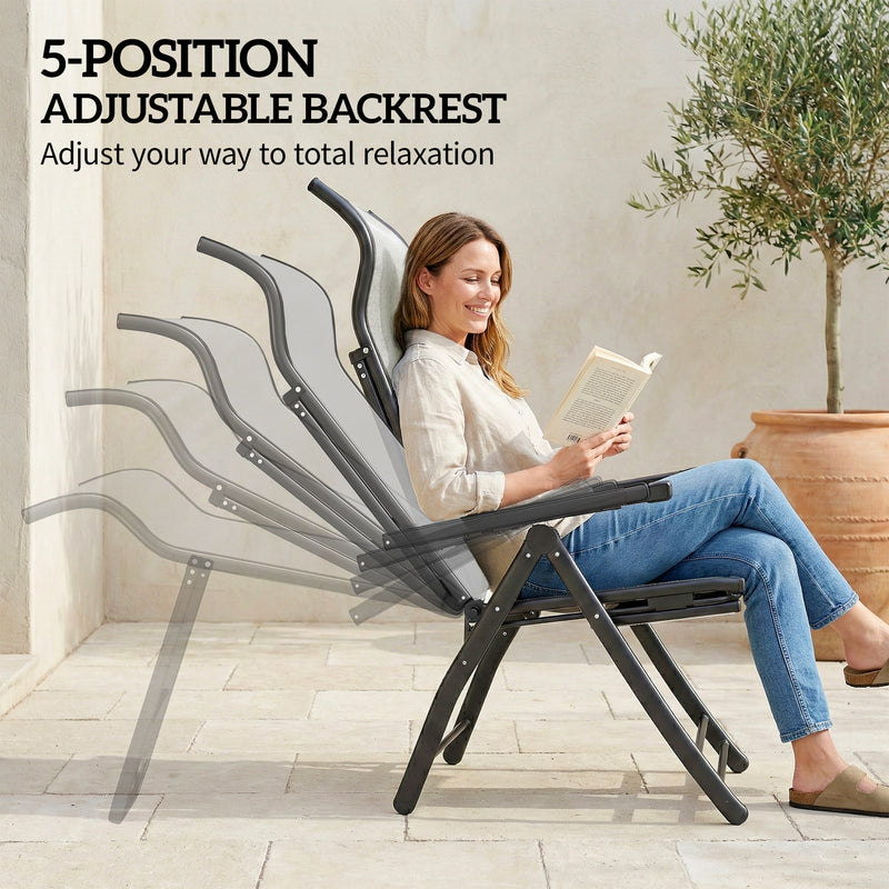 Folding Garden Recliner Chairs Set of 2 with Adjustable Back and Footrest Light Grey Outsunny