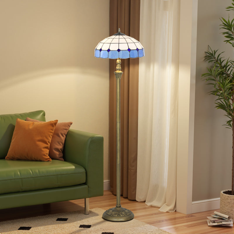 Tiffany Style Floor Lamp with Stained Glass Shade and Foot Switch for Living Room Blue