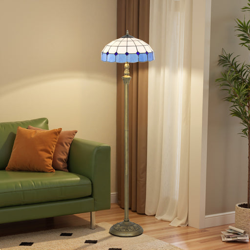 Tiffany Style Floor Lamp with Stained Glass Shade and Foot Switch for Living Room Blue