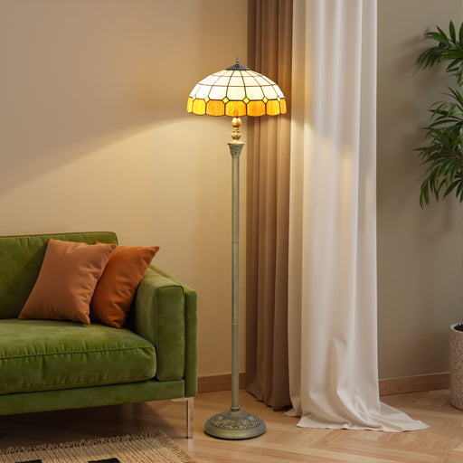 Vintage Style Floor Lamp with Handcrafted Stained Glass Shade and Foot Switch, Bronze Orange
