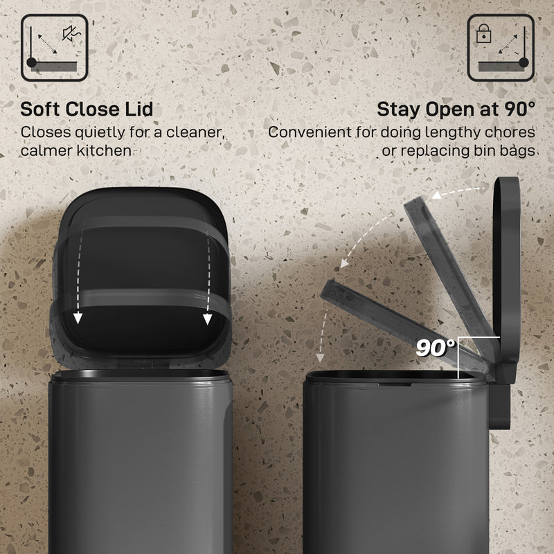 30L Pedal Bin with Soft Close Lid and Removable Inner Bucket for Kitchen or Office Black