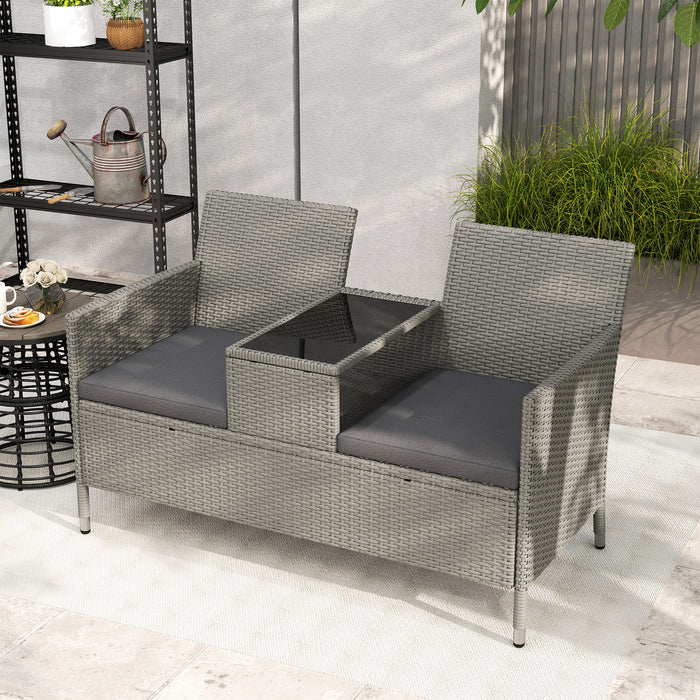 Grey 2 Seater Rattan Garden Bench with Centre Table by Outsunny