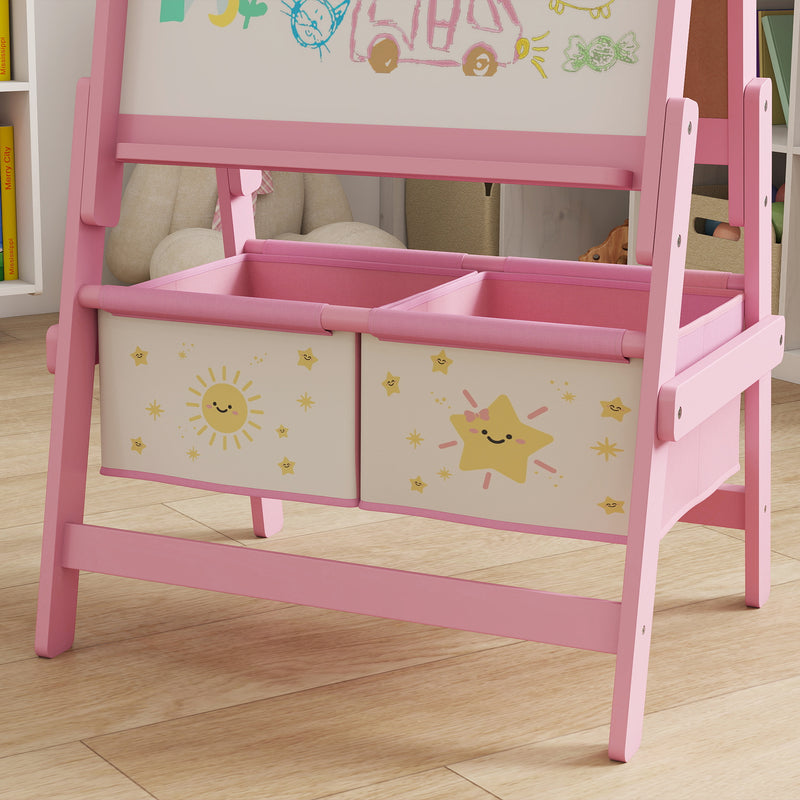 Double Sided Kids Art Easel With Paper Roll And Storage Boxes For Ages 3 To 8, Pink