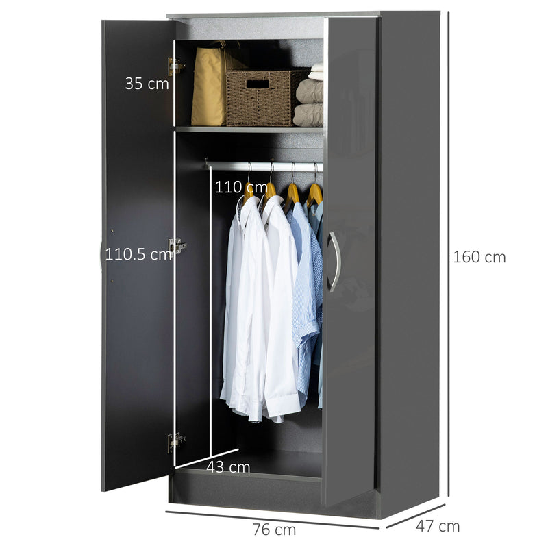 2 Door High Gloss Wardrobe With Hanging Rail And Shelf For Bedroom Storage Grey